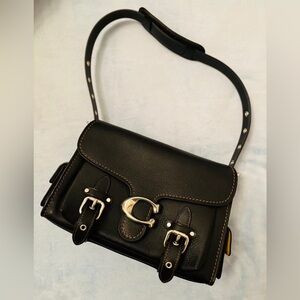 Women's Coach Black Leather C Logo Buckle Crossbody Bag
